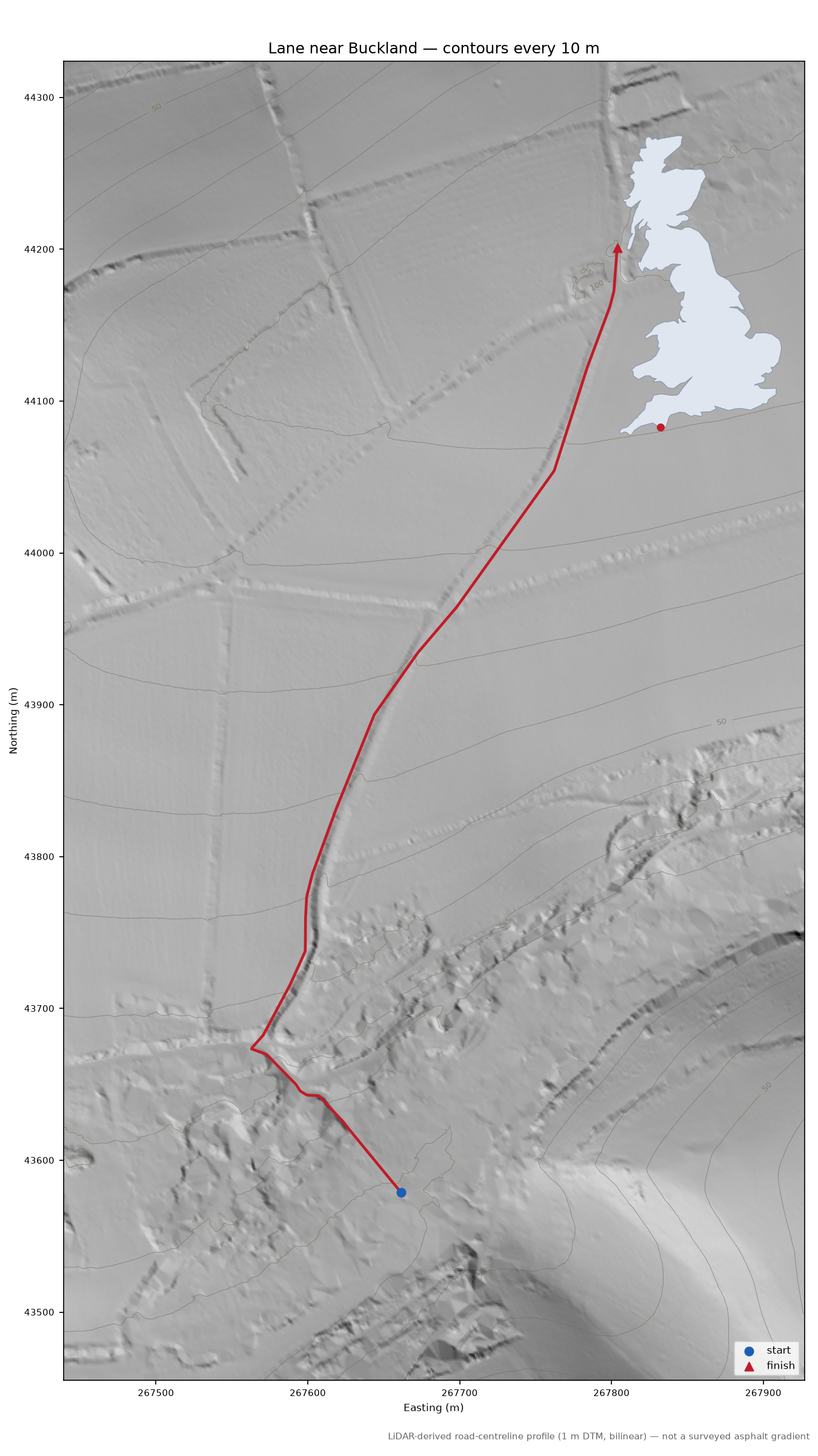 Lane near Buckland LiDAR hillshade map with contours