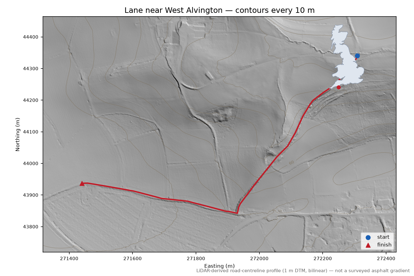 Lane near West Alvington LiDAR hillshade map with contours