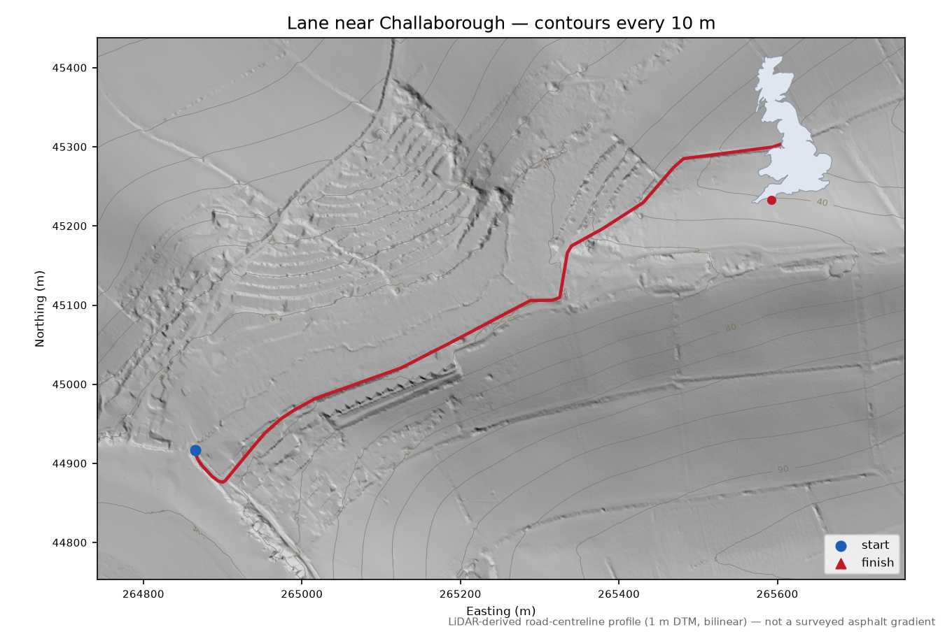 Lane near Challaborough LiDAR hillshade map with contours