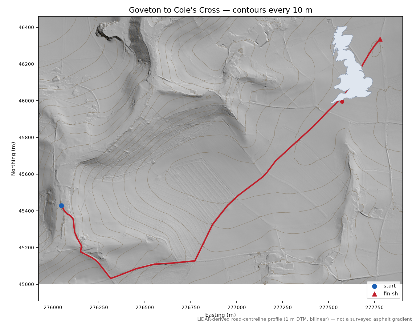 Goveton to Cole's Cross LiDAR hillshade map with contours