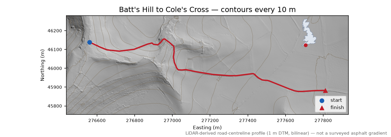 Batt's Hill to Cole's Cross LiDAR hillshade map with contours
