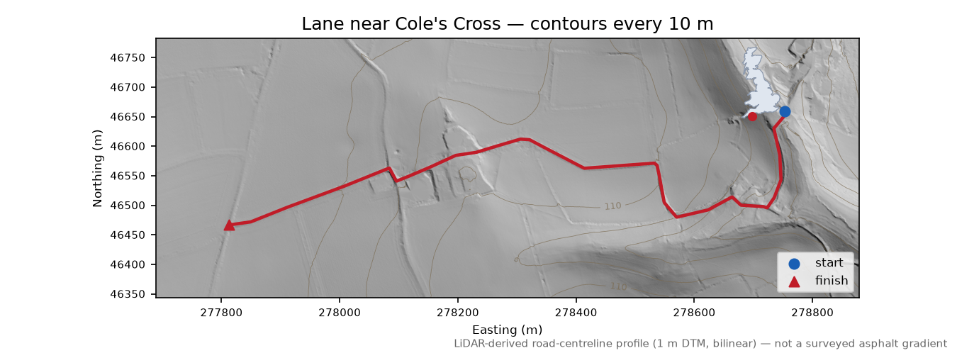 Lane near Cole's Cross LiDAR hillshade map with contours