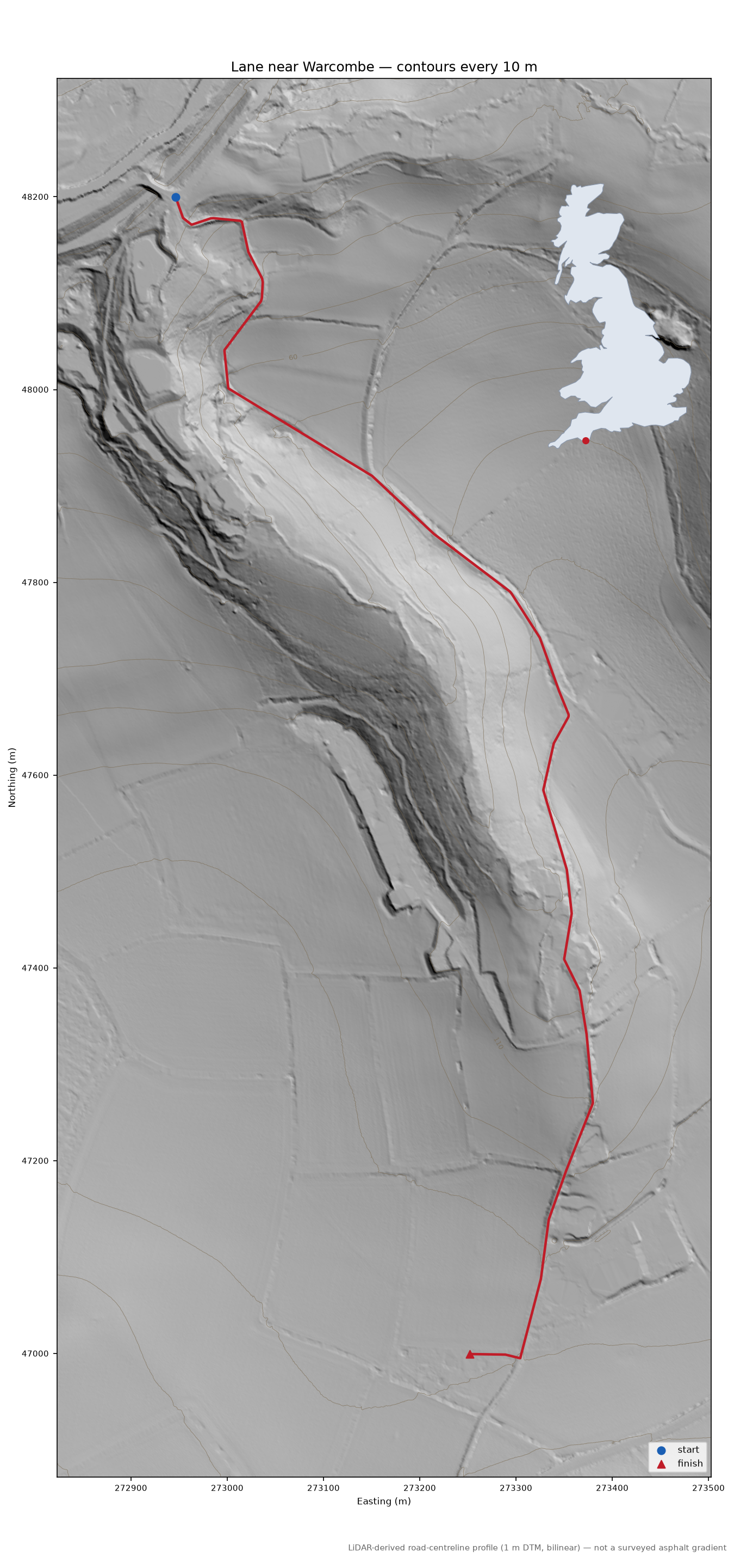 Lane near Warcombe LiDAR hillshade map with contours