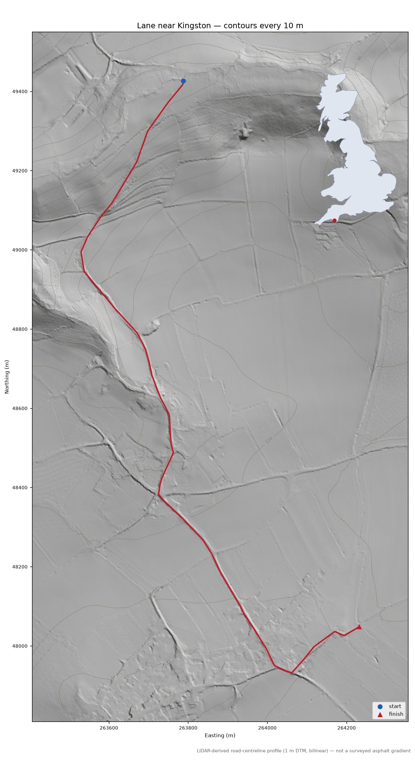 Lane near Kingston LiDAR hillshade map with contours