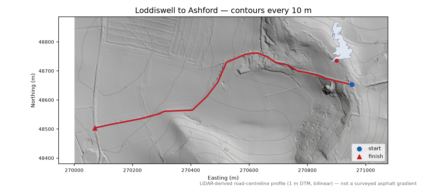 Loddiswell to Ashford LiDAR hillshade map with contours