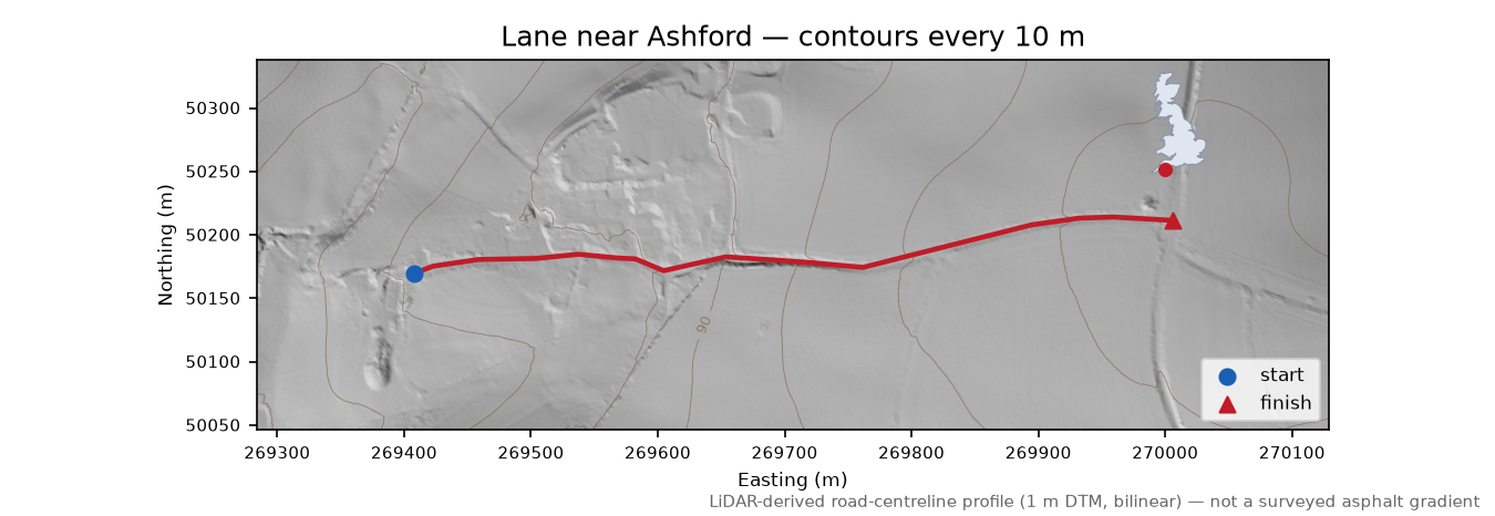 Lane near Ashford LiDAR hillshade map with contours