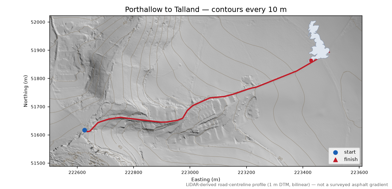 Porthallow to Talland LiDAR hillshade map with contours