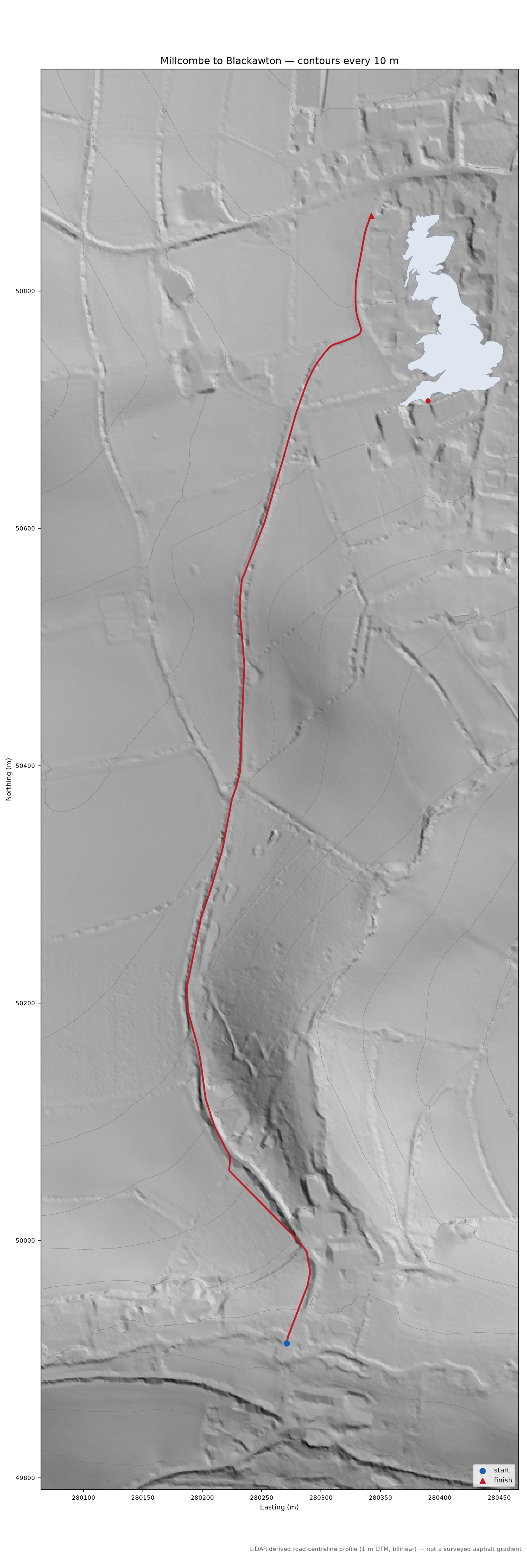Millcombe to Blackawton LiDAR hillshade map with contours