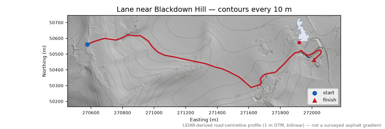 Lane near Blackdown Hill LiDAR hillshade map with contours