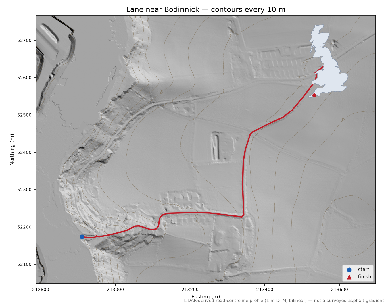 Lane near Bodinnick LiDAR hillshade map with contours