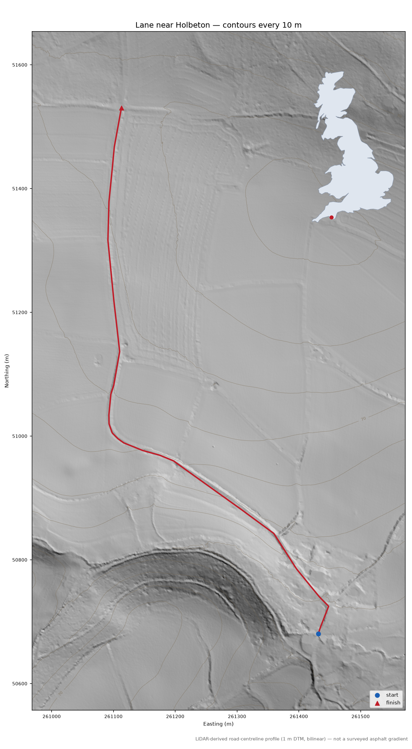 Lane near Holbeton LiDAR hillshade map with contours