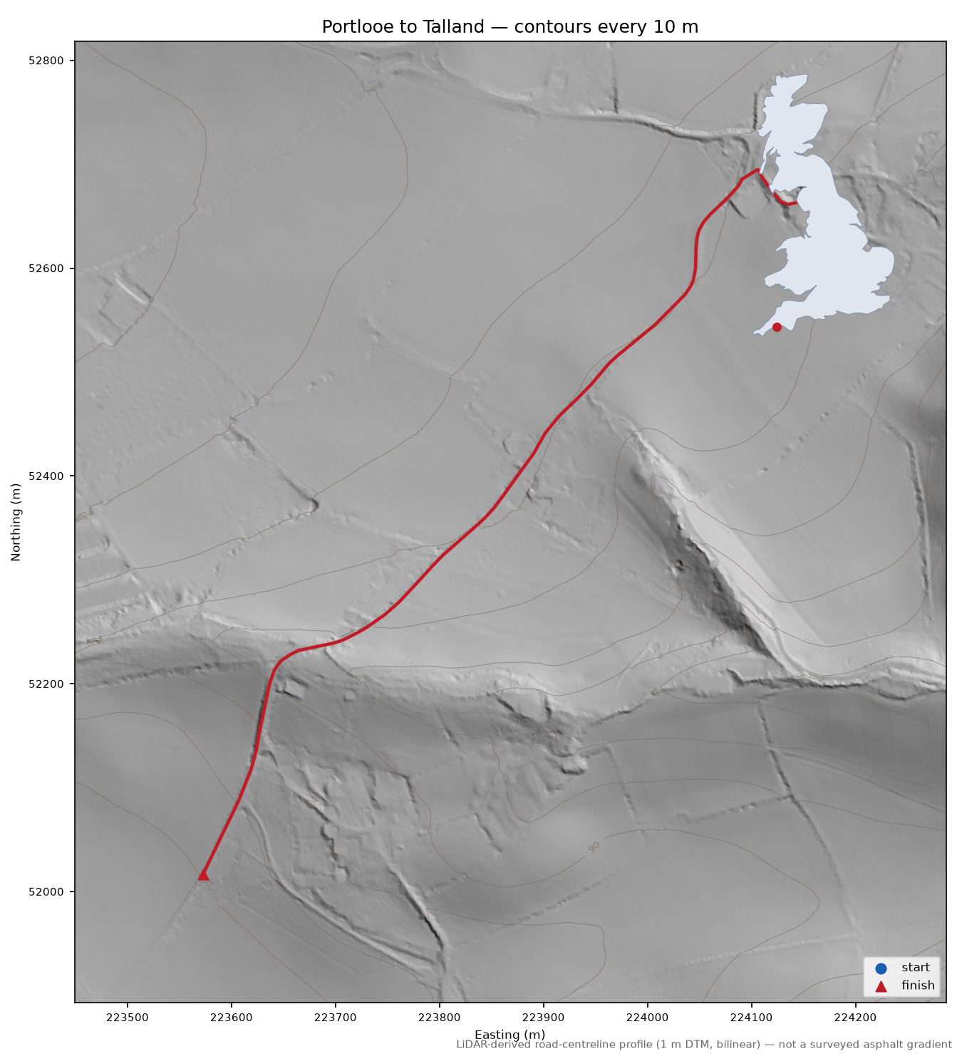 Portlooe to Talland LiDAR hillshade map with contours