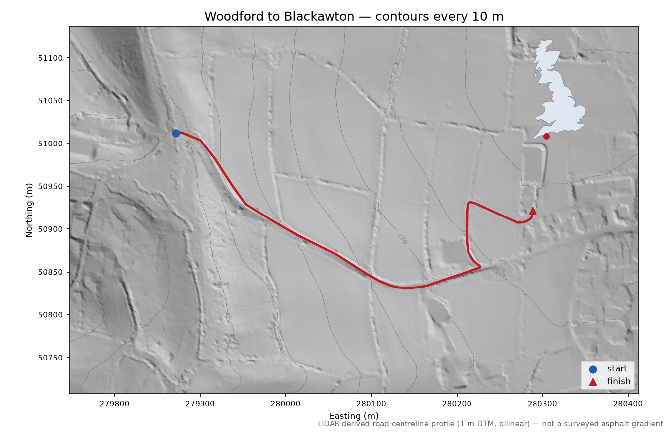 Woodford to Blackawton LiDAR hillshade map with contours