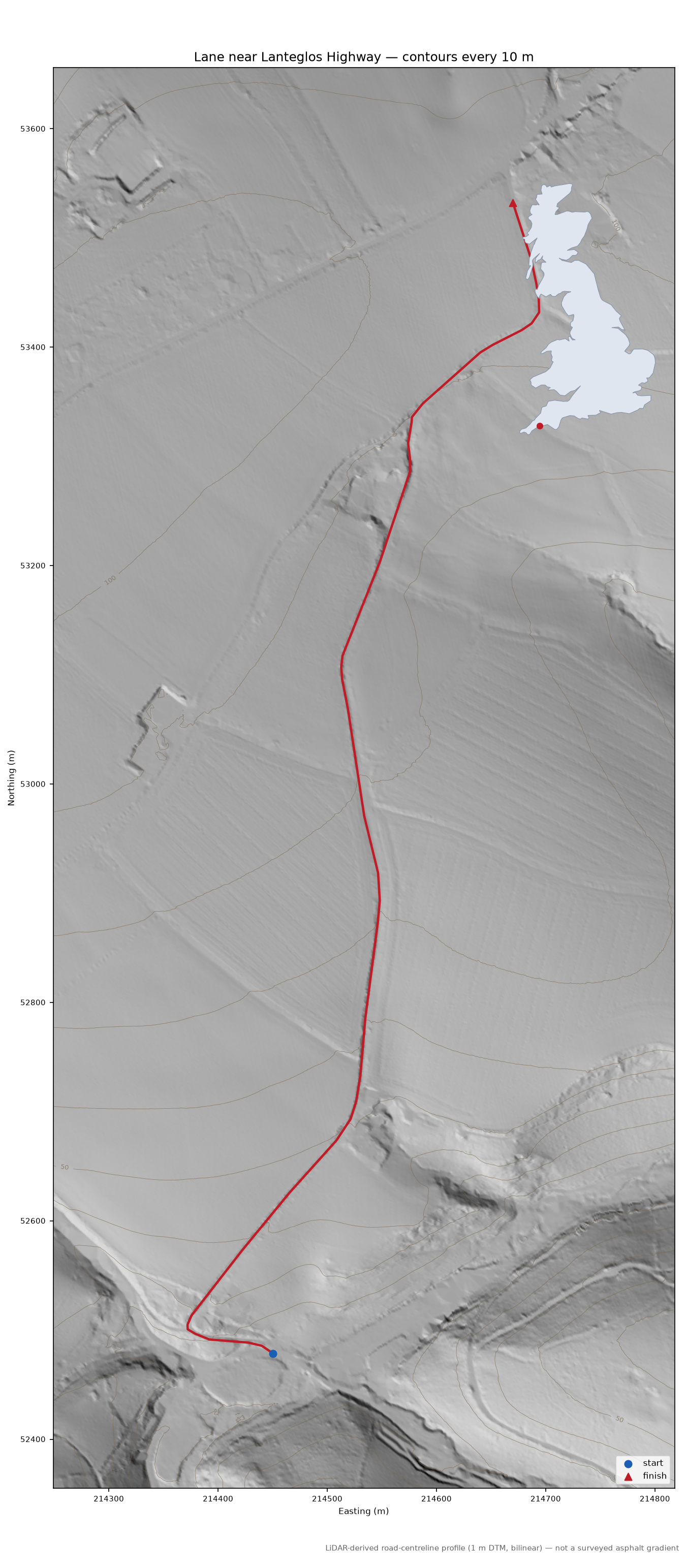 Lane near Lanteglos Highway LiDAR hillshade map with contours