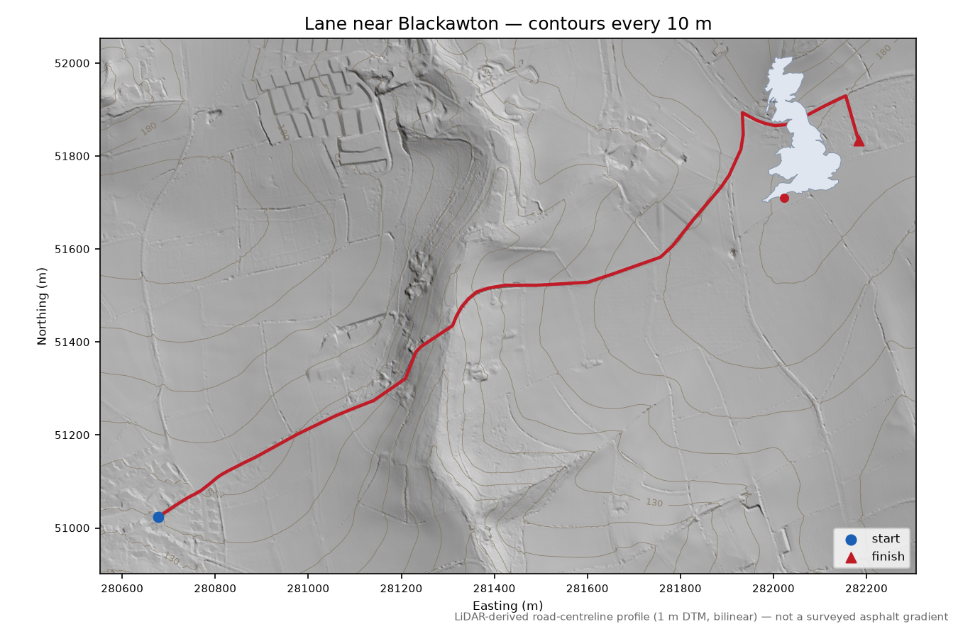 Lane near Blackawton LiDAR hillshade map with contours