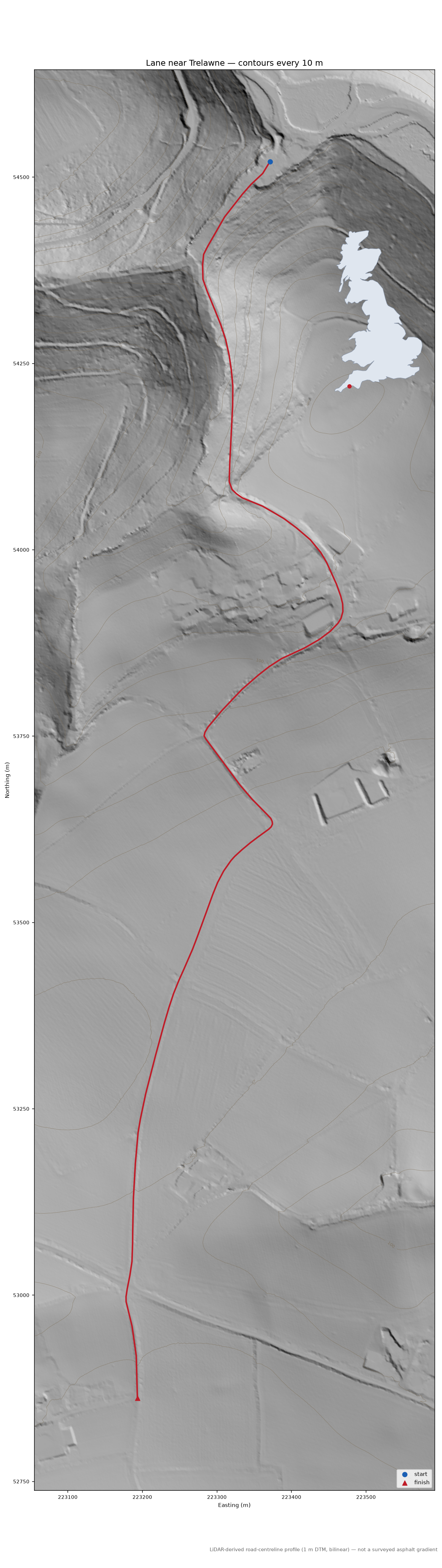 Lane near Trelawne LiDAR hillshade map with contours