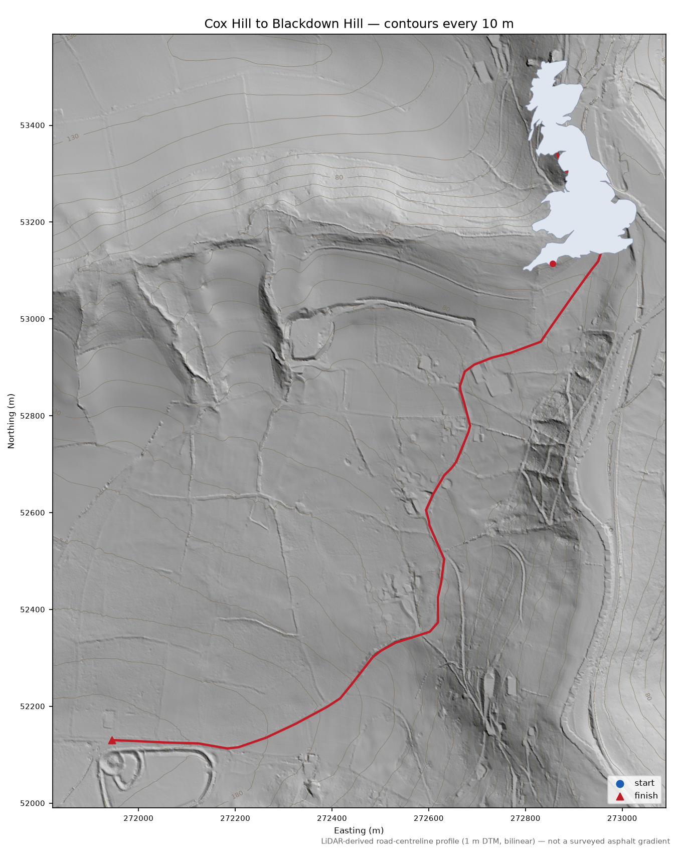 Cox Hill to Blackdown Hill LiDAR hillshade map with contours