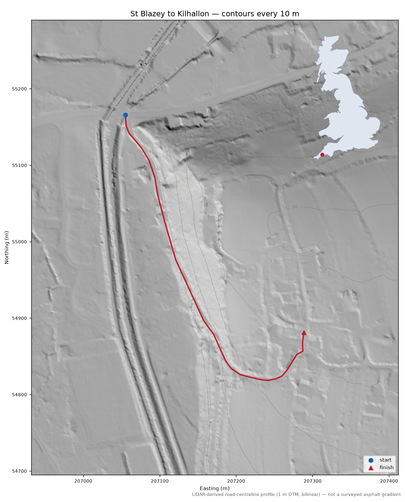 St Blazey to Kilhallon LiDAR hillshade map with contours