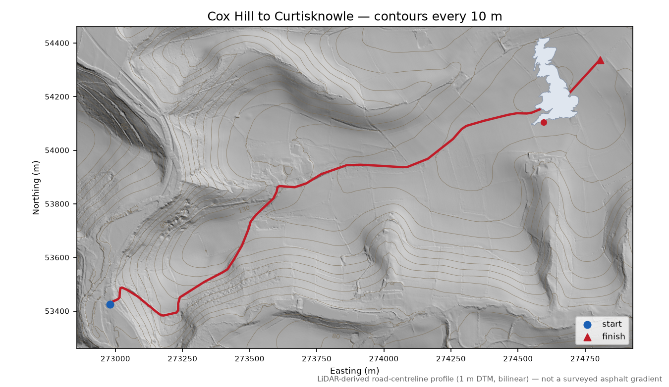 Cox Hill to Curtisknowle LiDAR hillshade map with contours