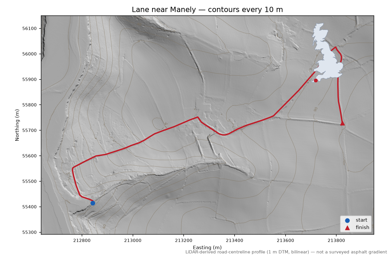 Lane near Manely LiDAR hillshade map with contours
