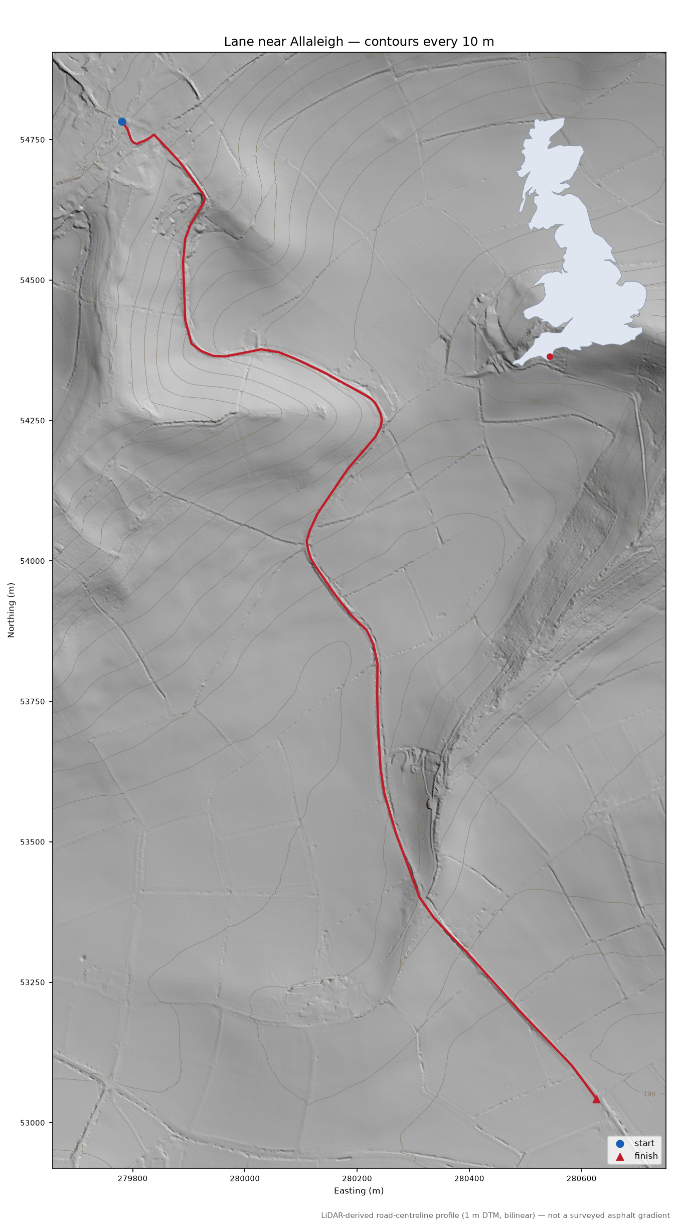 Lane near Allaleigh LiDAR hillshade map with contours