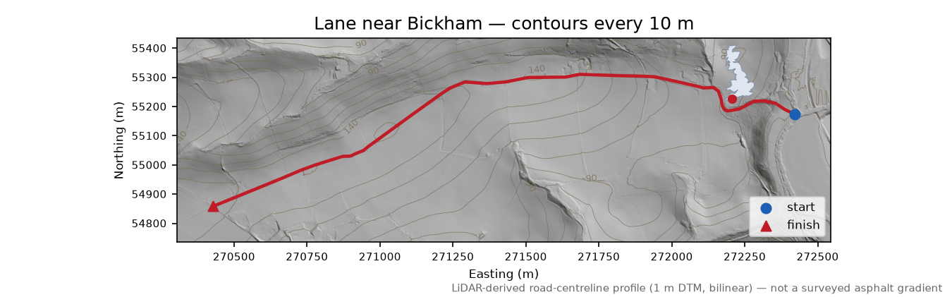 Lane near Bickham LiDAR hillshade map with contours