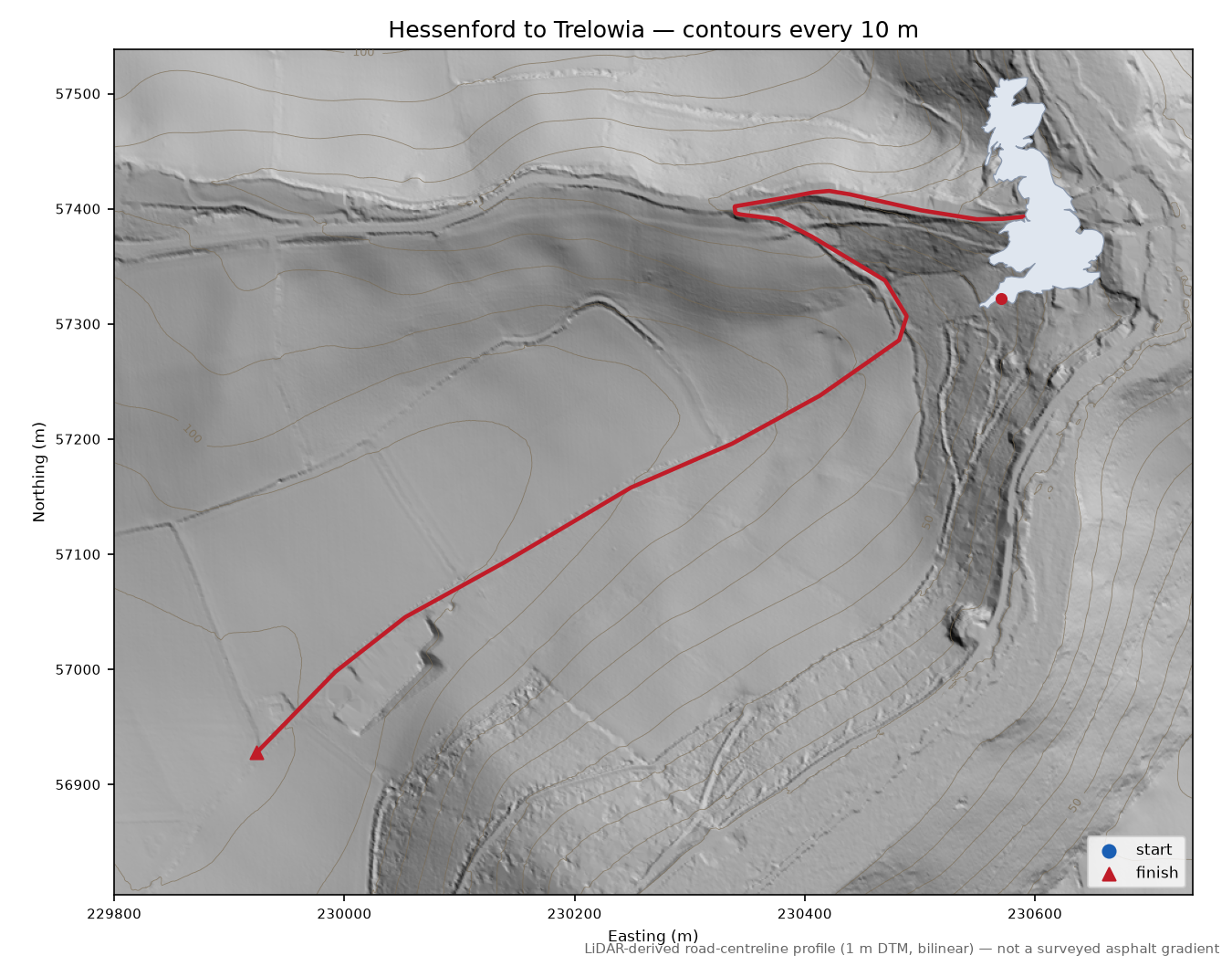 Hessenford to Trelowia LiDAR hillshade map with contours