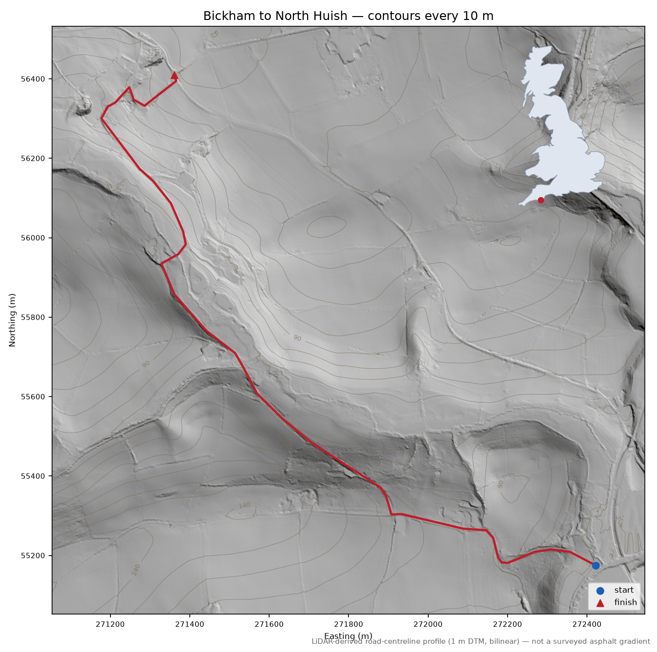 Bickham to North Huish LiDAR hillshade map with contours