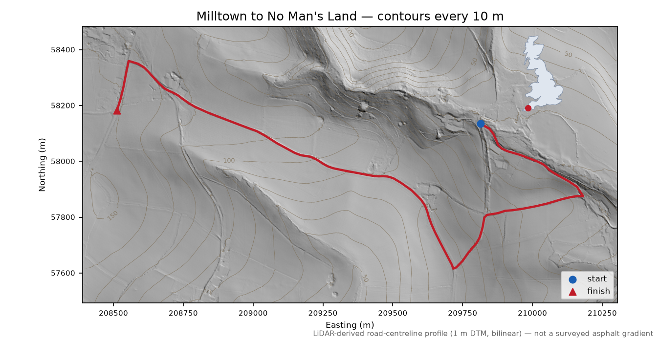 Milltown to No Man's Land LiDAR hillshade map with contours