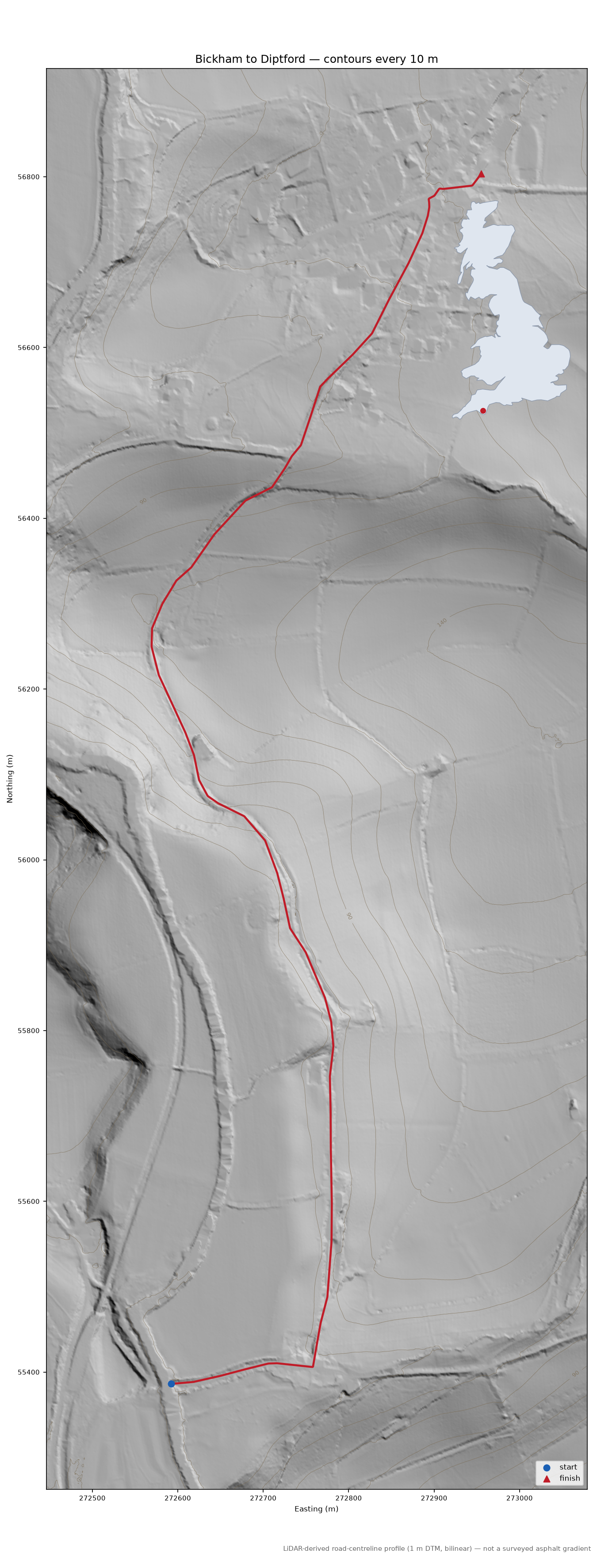 Bickham to Diptford LiDAR hillshade map with contours