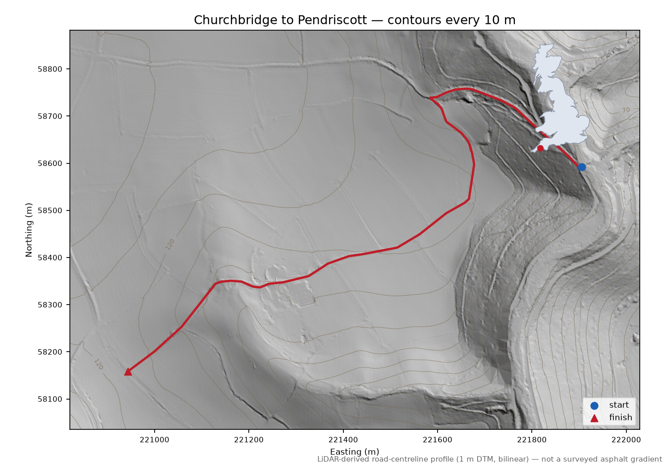 Churchbridge to Pendriscott LiDAR hillshade map with contours