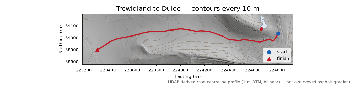 Trewidland to Duloe LiDAR hillshade map with contours