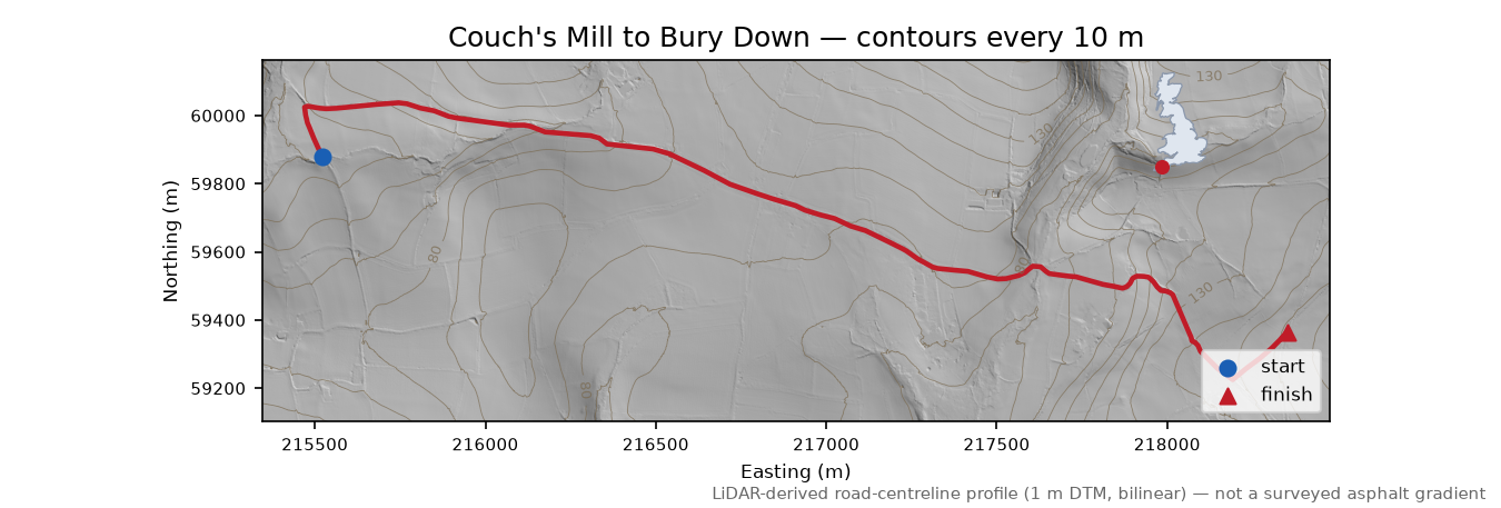 Couch's Mill to Bury Down LiDAR hillshade map with contours