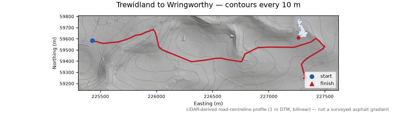 Trewidland to Wringworthy LiDAR hillshade map with contours