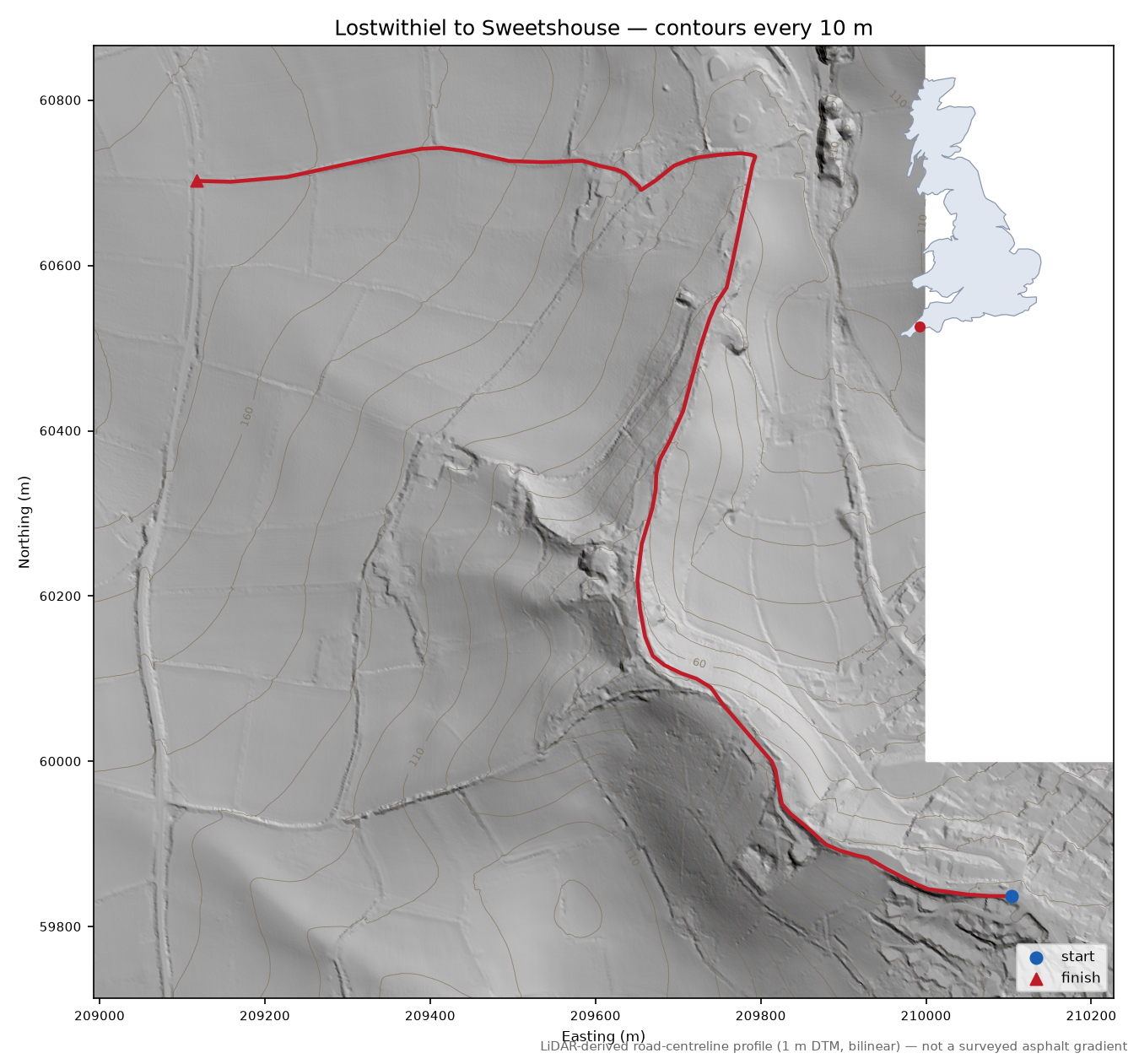 Lostwithiel to Sweetshouse LiDAR hillshade map with contours
