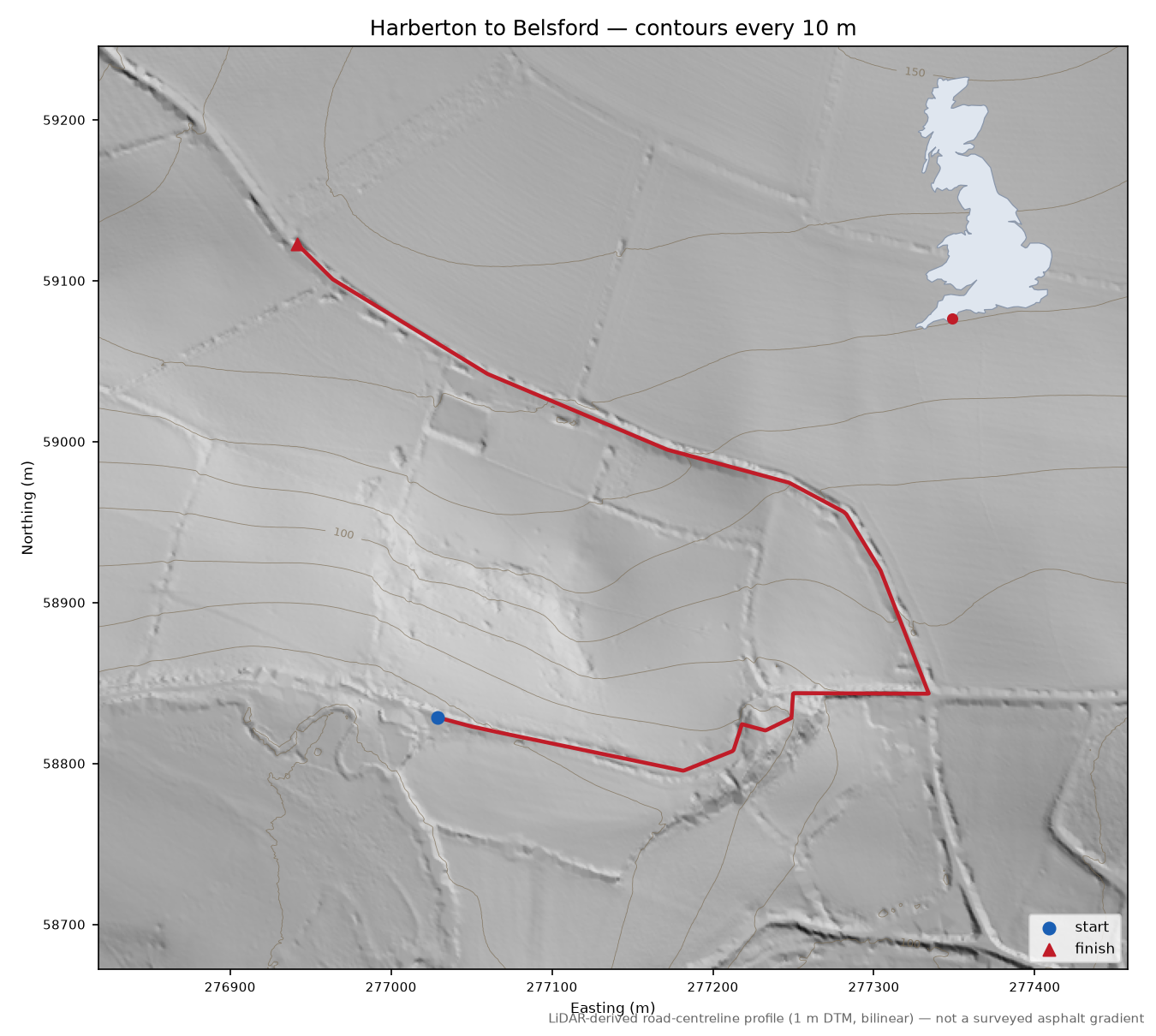 Harberton to Belsford LiDAR hillshade map with contours
