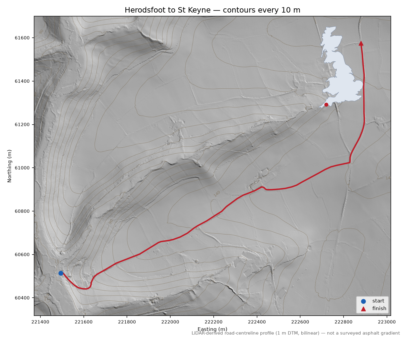 Herodsfoot to St Keyne LiDAR hillshade map with contours