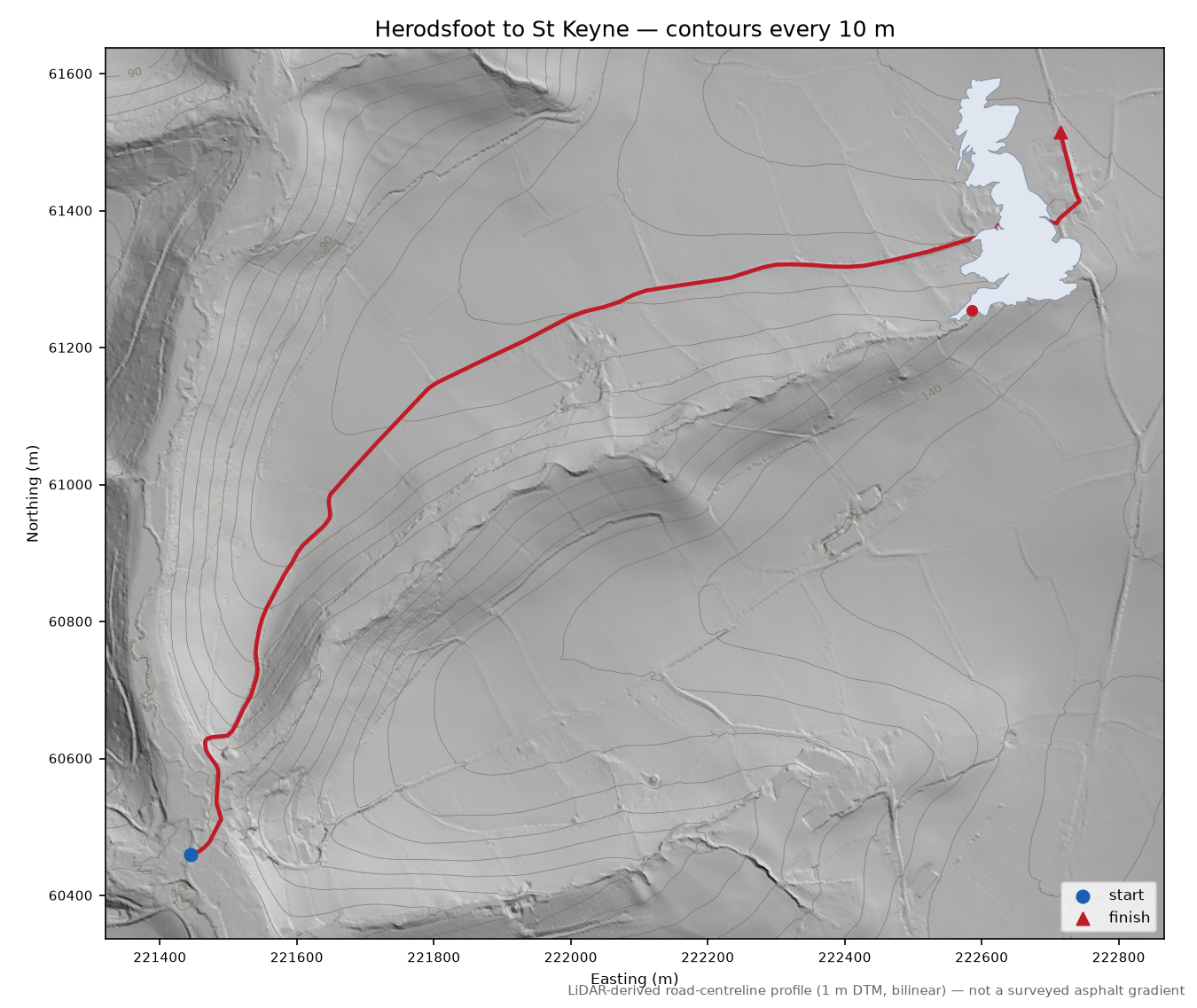Herodsfoot to St Keyne LiDAR hillshade map with contours