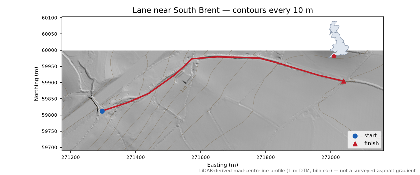 Lane near South Brent LiDAR hillshade map with contours