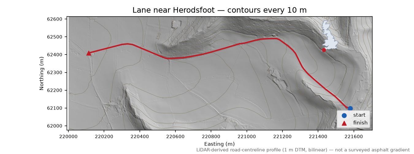 Lane near Herodsfoot LiDAR hillshade map with contours