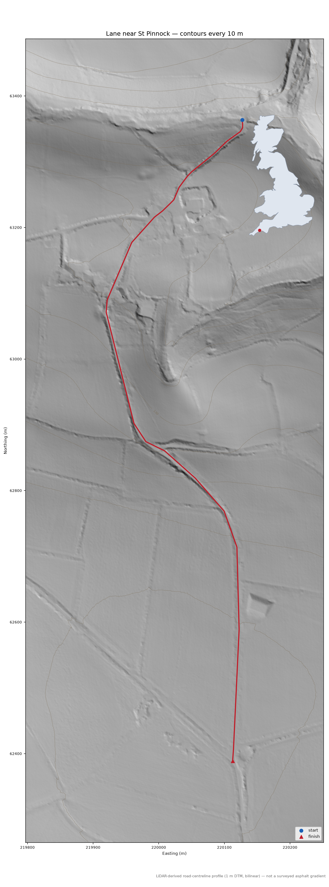 Lane near St Pinnock LiDAR hillshade map with contours
