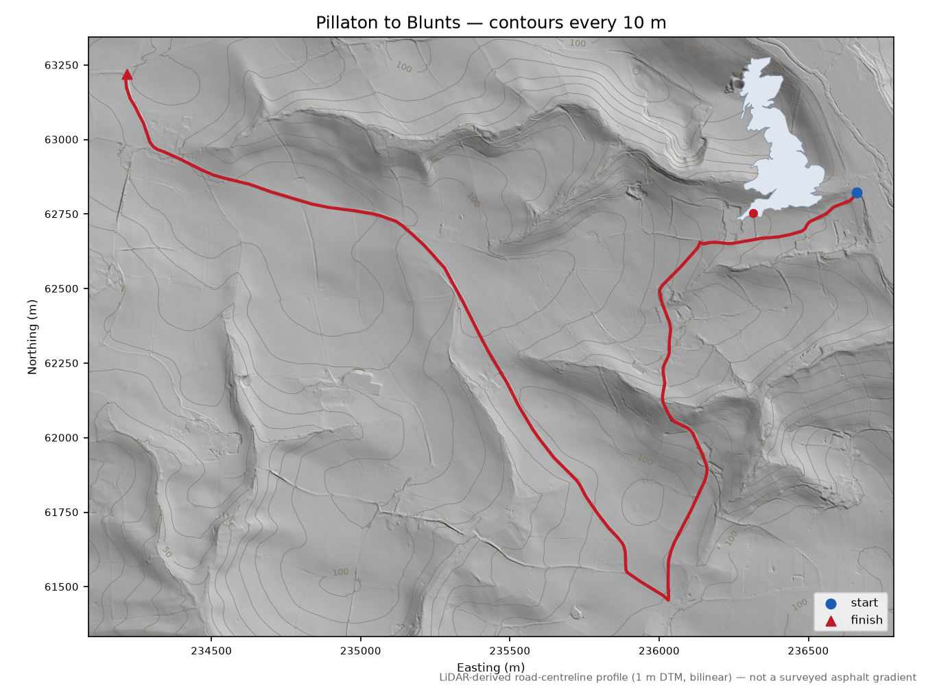 Pillaton to Blunts LiDAR hillshade map with contours