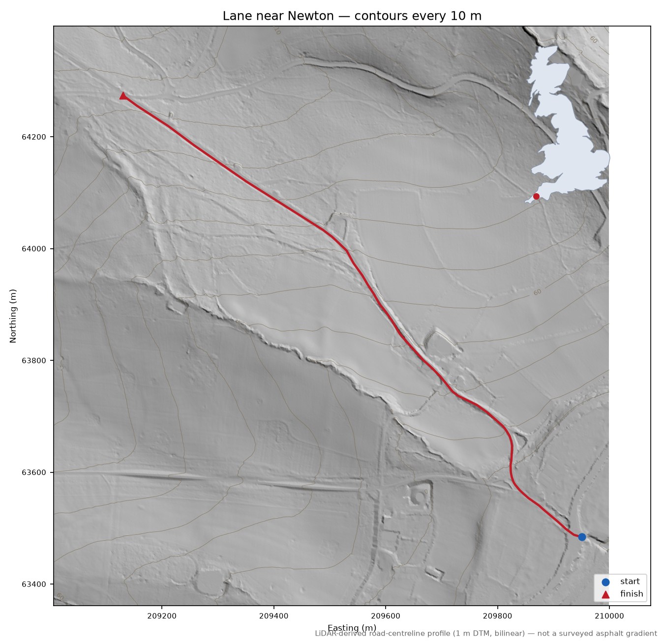 Lane near Newton LiDAR hillshade map with contours