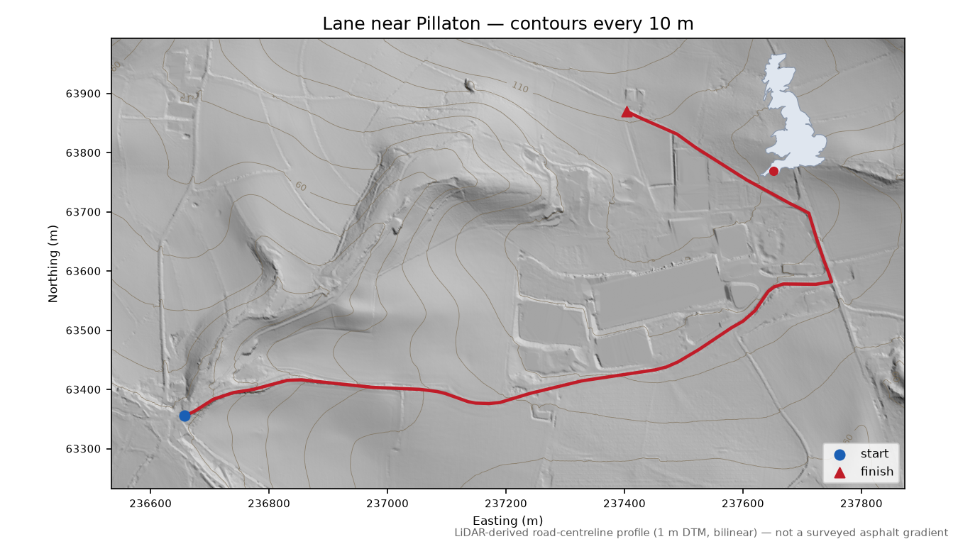 Lane near Pillaton LiDAR hillshade map with contours