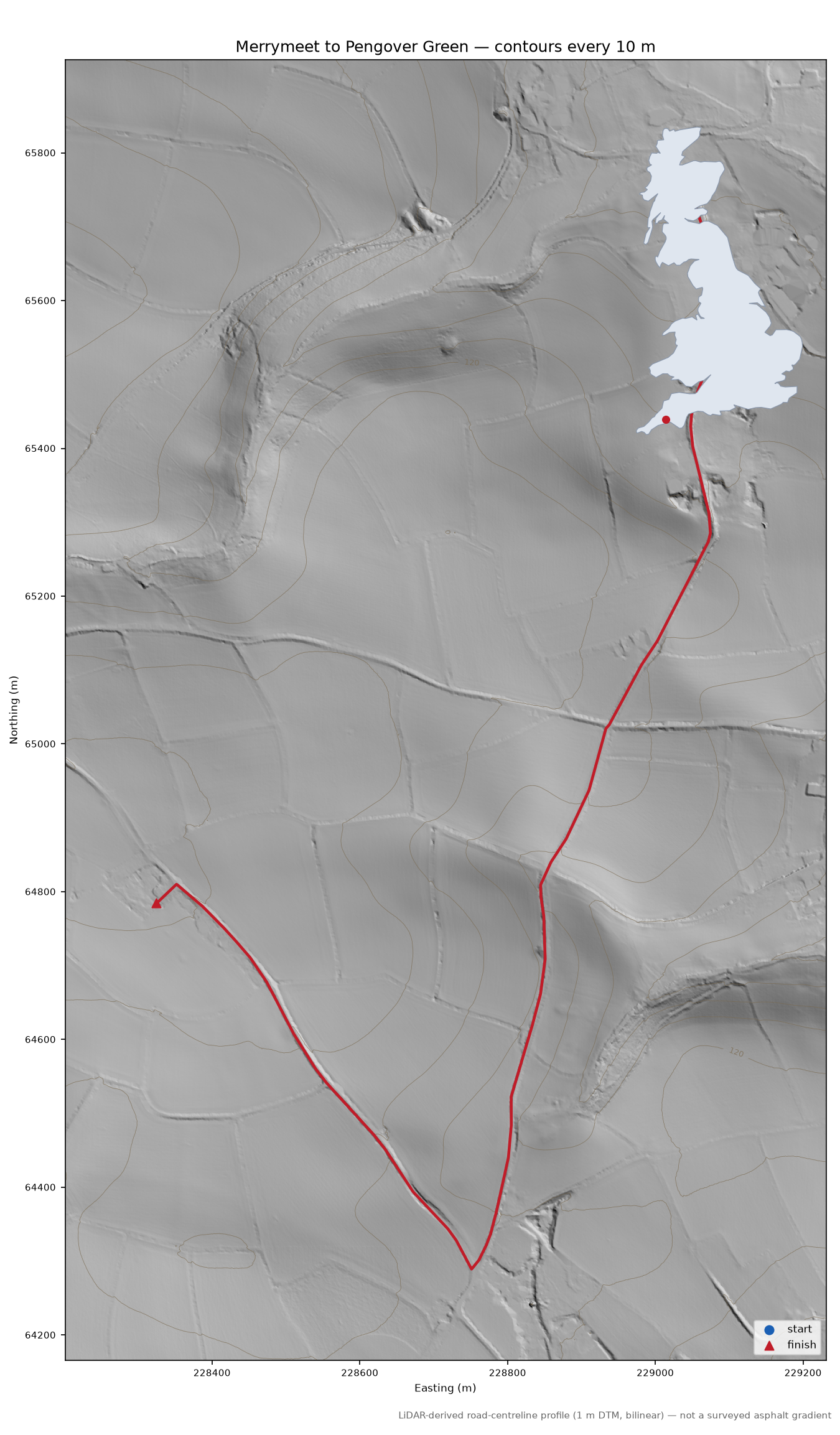 Merrymeet to Pengover Green LiDAR hillshade map with contours