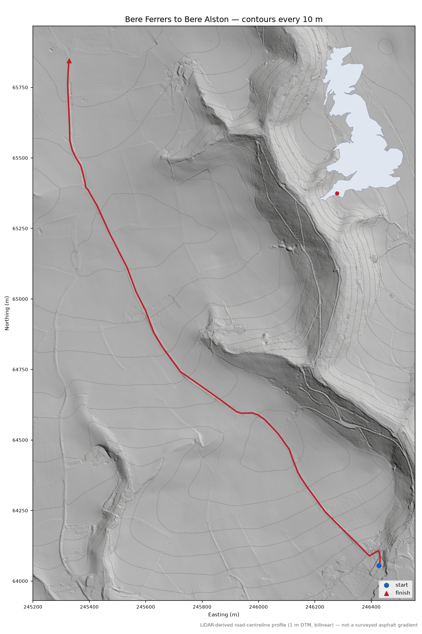 Bere Ferrers to Bere Alston LiDAR hillshade map with contours