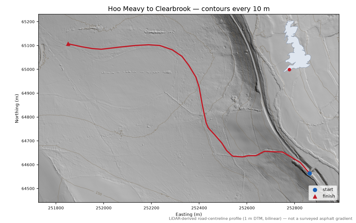 Hoo Meavy to Clearbrook LiDAR hillshade map with contours