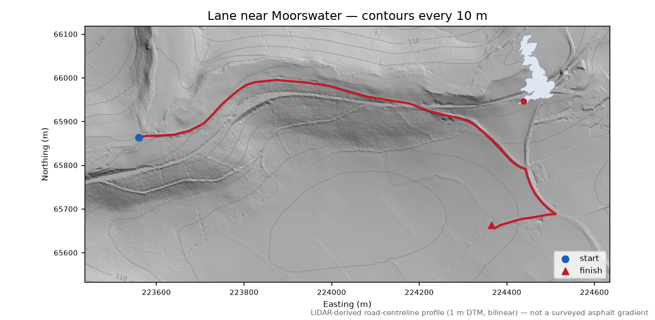 Lane near Moorswater LiDAR hillshade map with contours