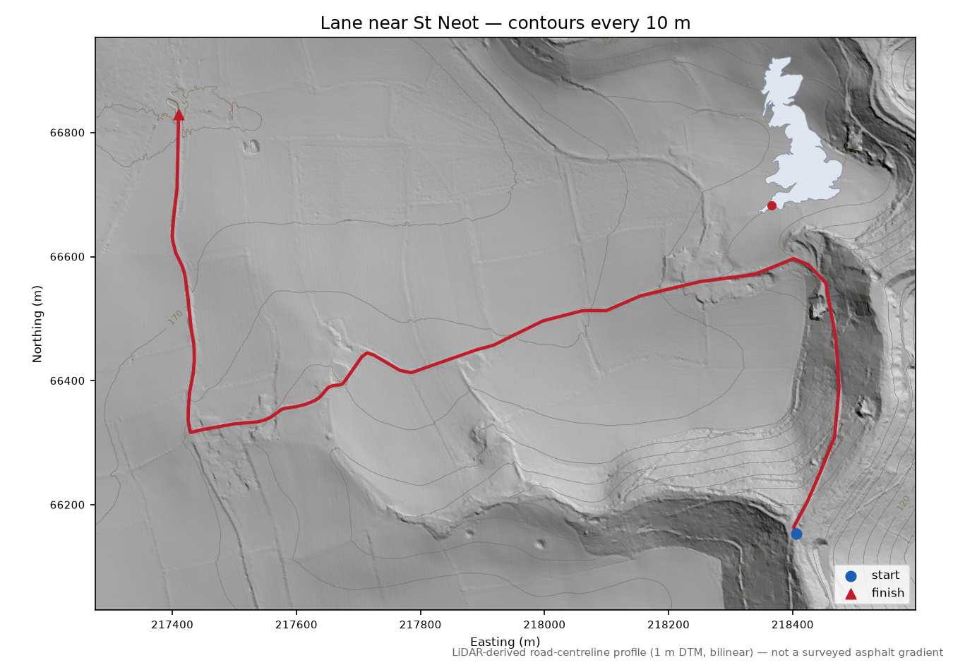 Lane near St Neot LiDAR hillshade map with contours