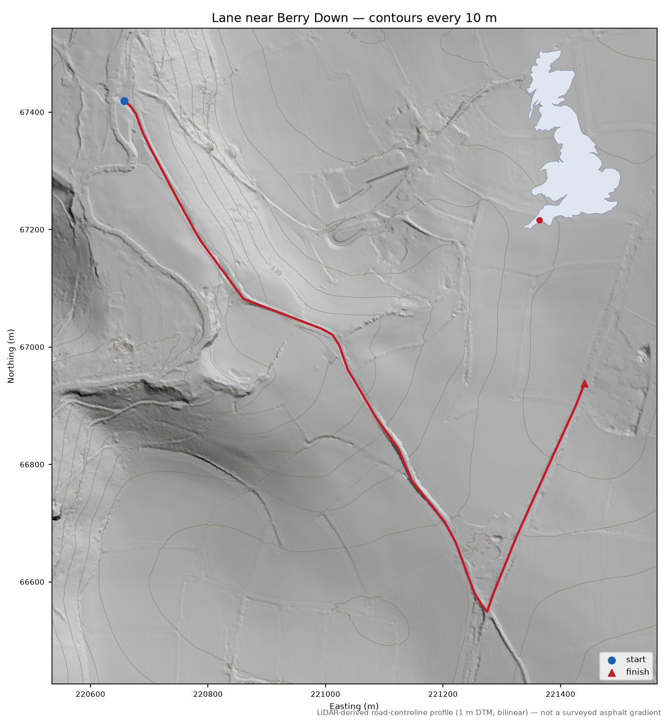 Lane near Berry Down LiDAR hillshade map with contours